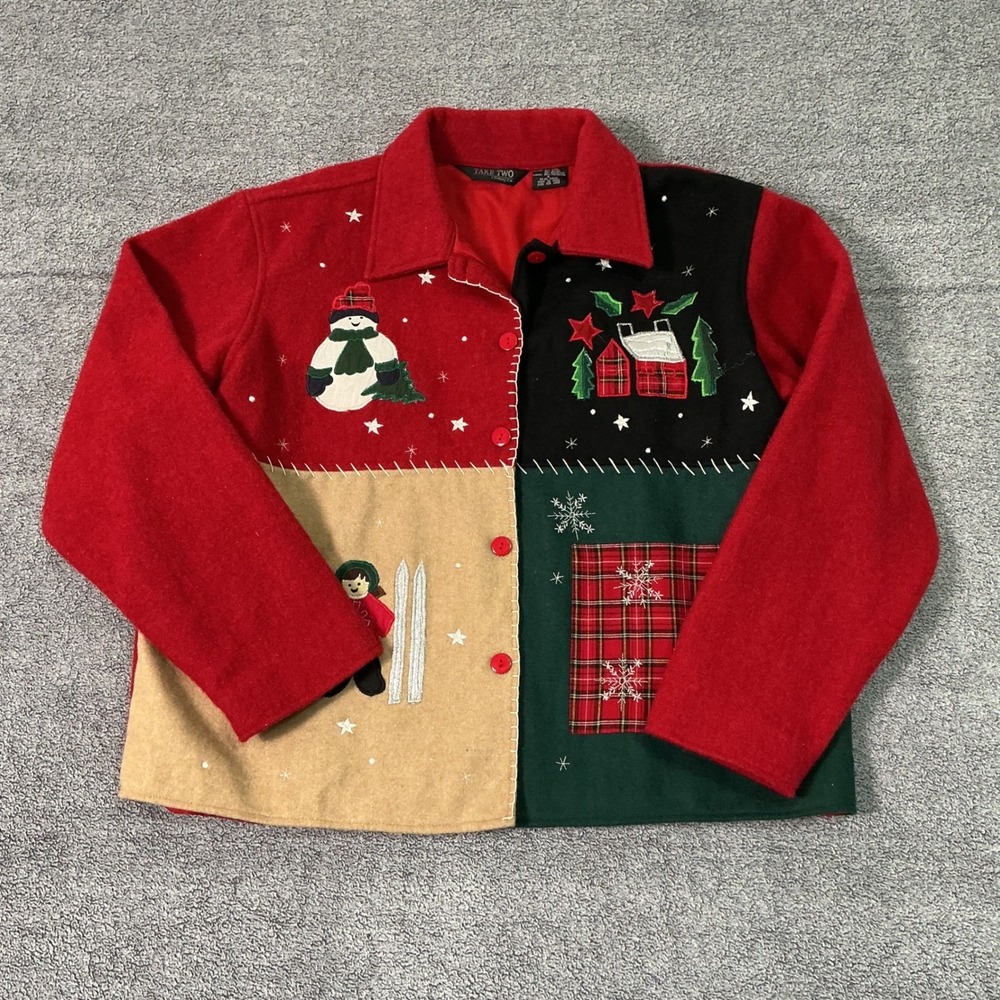 Take Two Vintage Christmas Wool Blend Applique Jacket Red Snowman XL